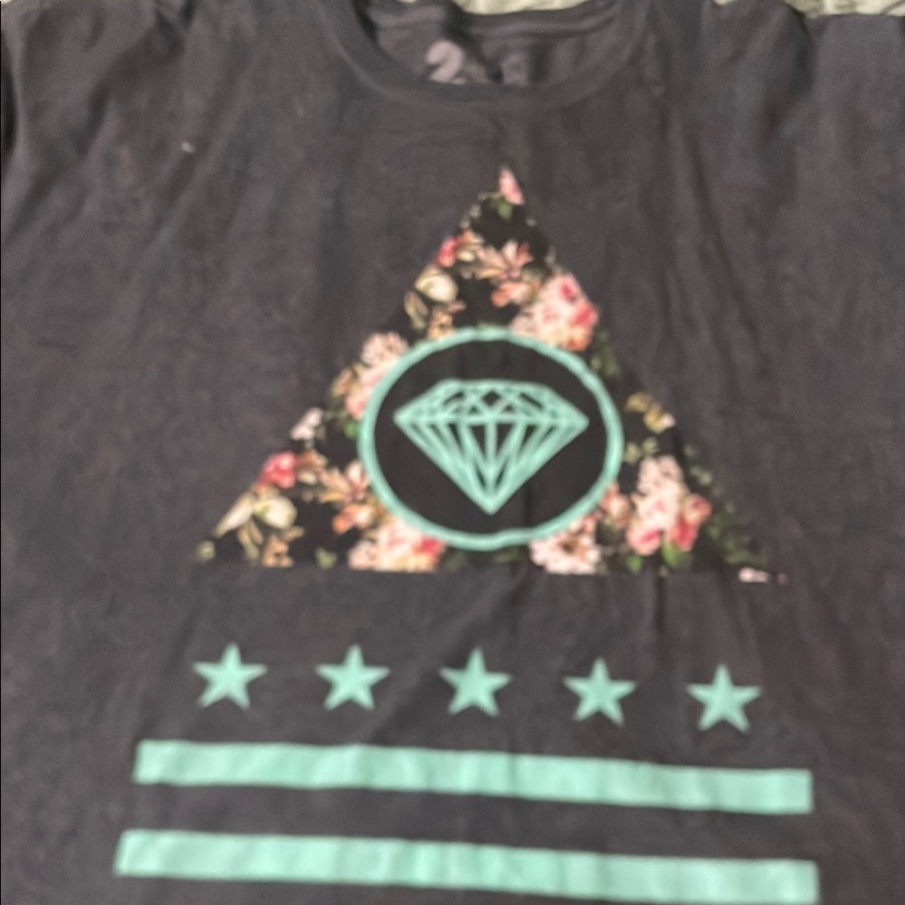 Moncler Black Tee with Floral and Mint Accents
